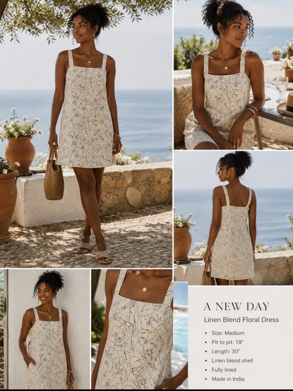 Linen Blend Floral Shift Dress Medium Quiet Luxury Coastal Chic NWT